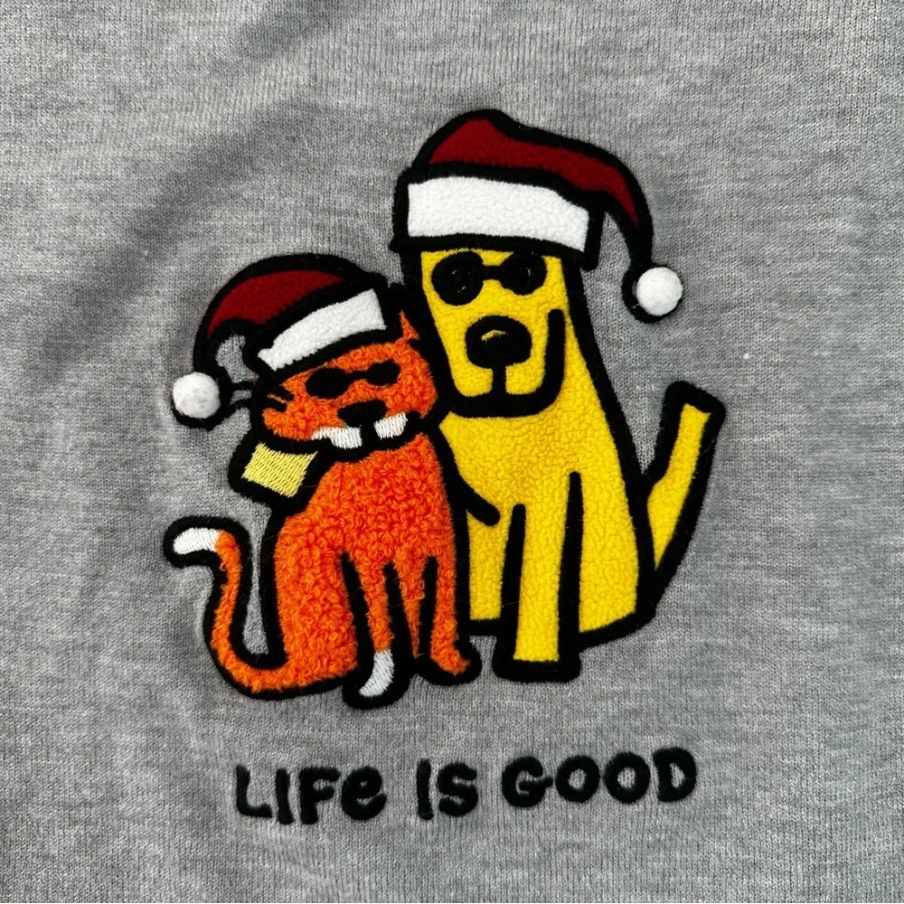 Life is Good Christmas Sweater S | Dog Cat Santa Hat Letterman Patch Holiday - Picture 4 of 6